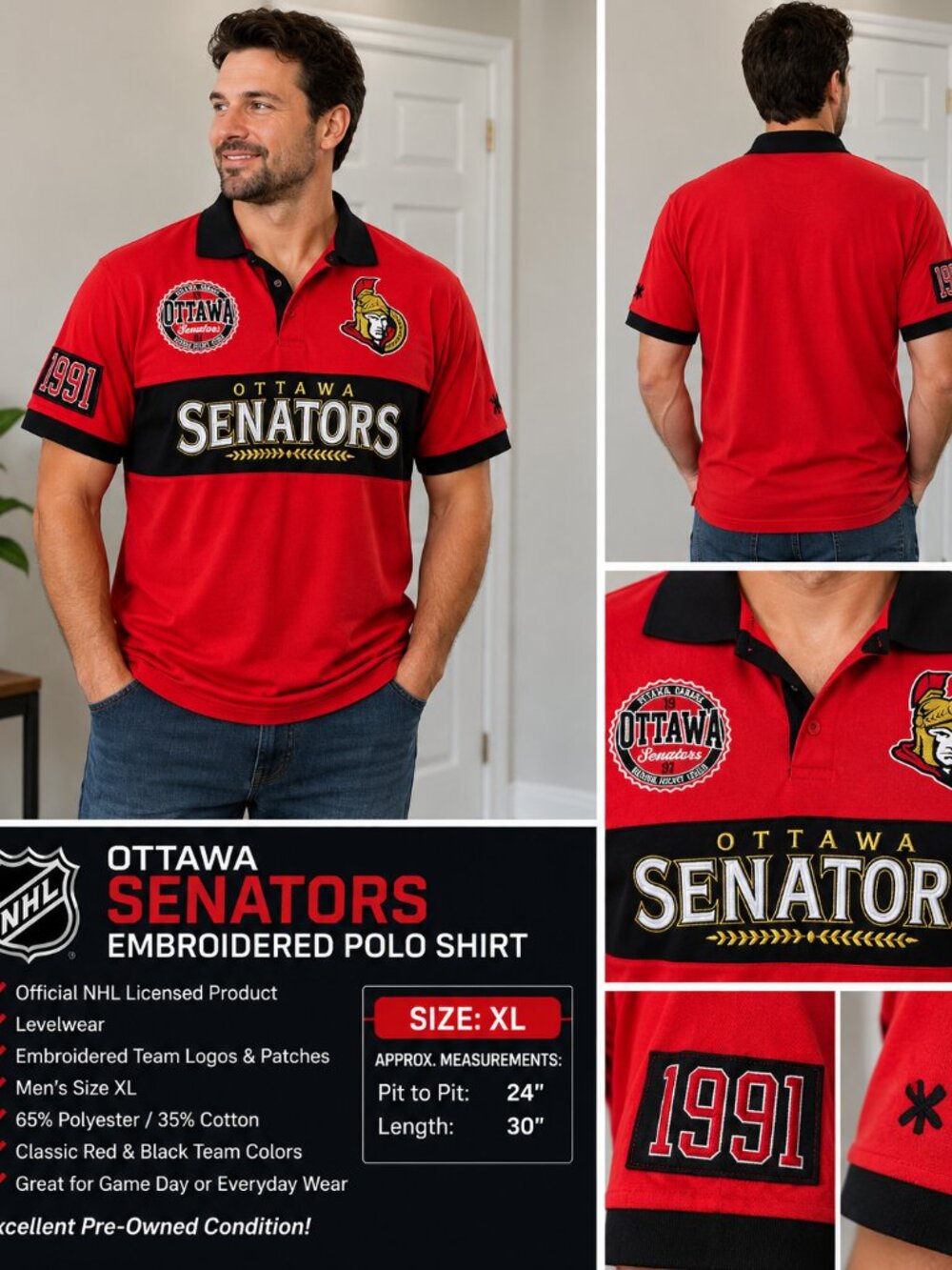 Ottawa Senators NHL Official Licensed Embroidered Polo Shirt Red Black Men's XL - Picture 2 of 13
